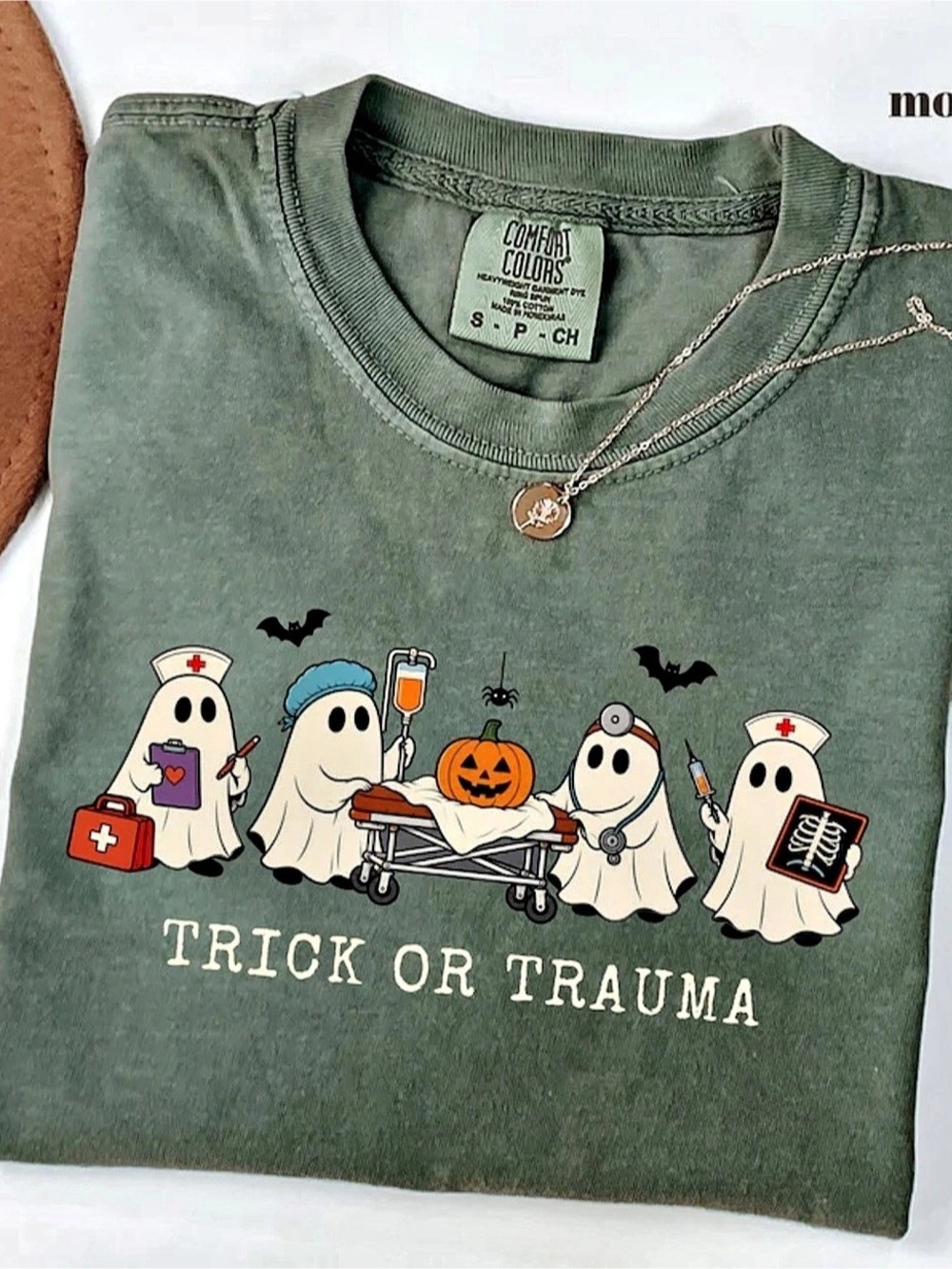 Comfort Colors Moss Heavyweight RS T-Shirt with Trick or Trauma Graphic 1717